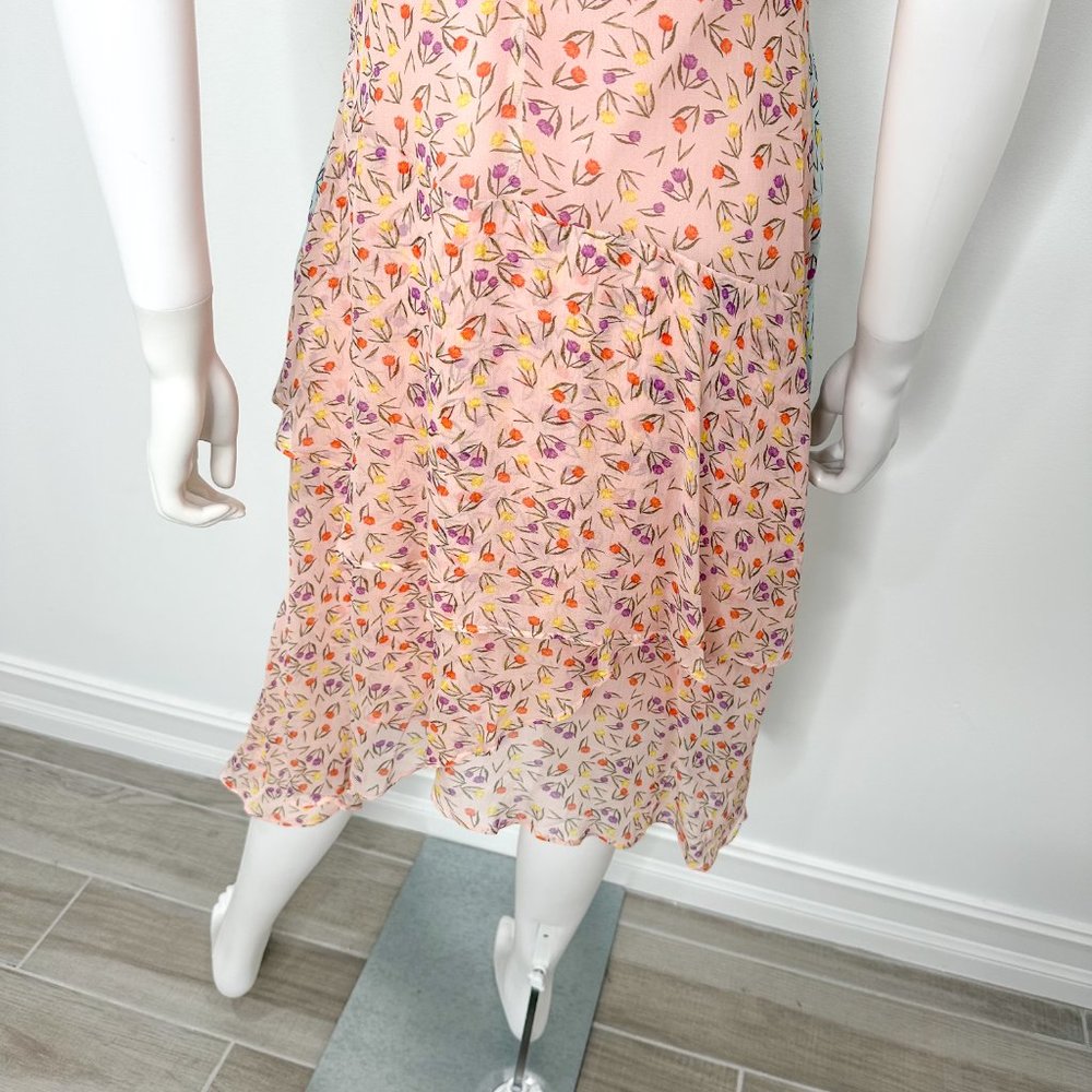 Anthropologie LAIA Mixed Floral Print Ruffle Asymmetrical Midi Dress Pink Blue - Picture 13 of 17